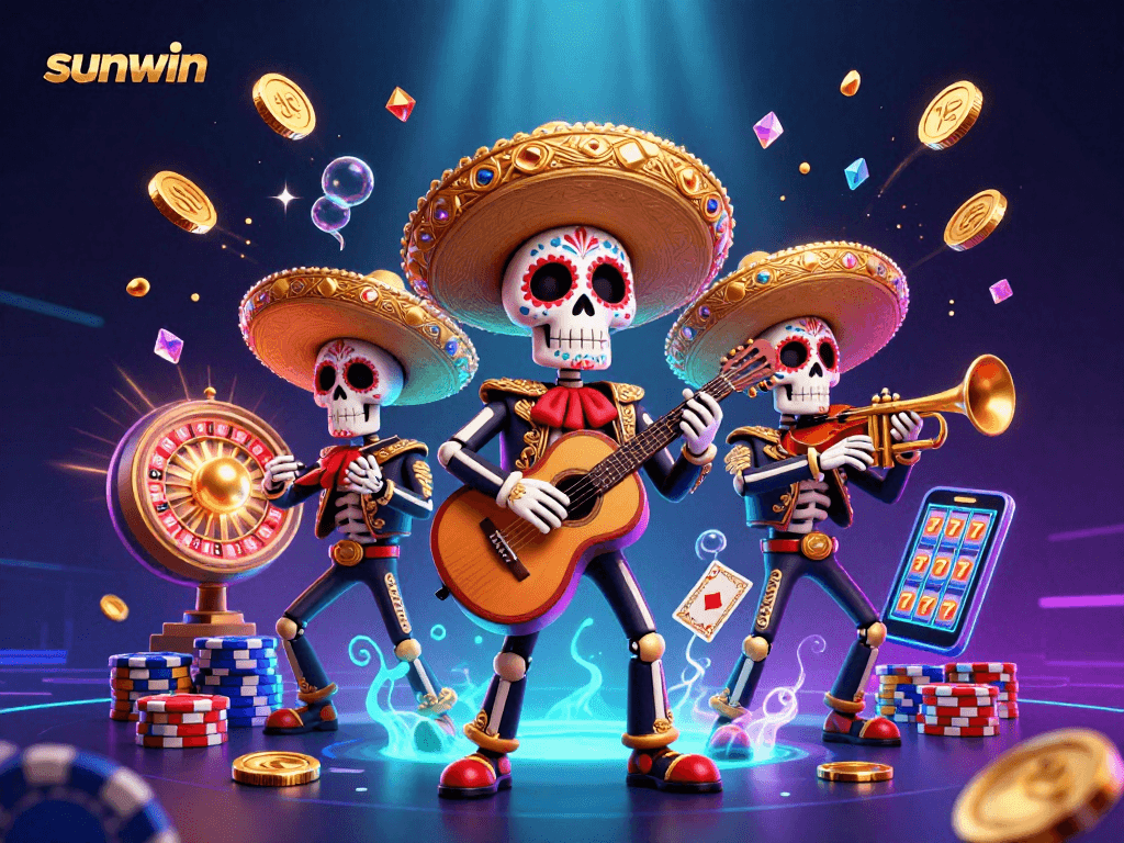 Engage with sunwin’s thrilling casino scene showcasing vibrant Day of the Dead mariachi skeletons in a festive gambling atmosphere.