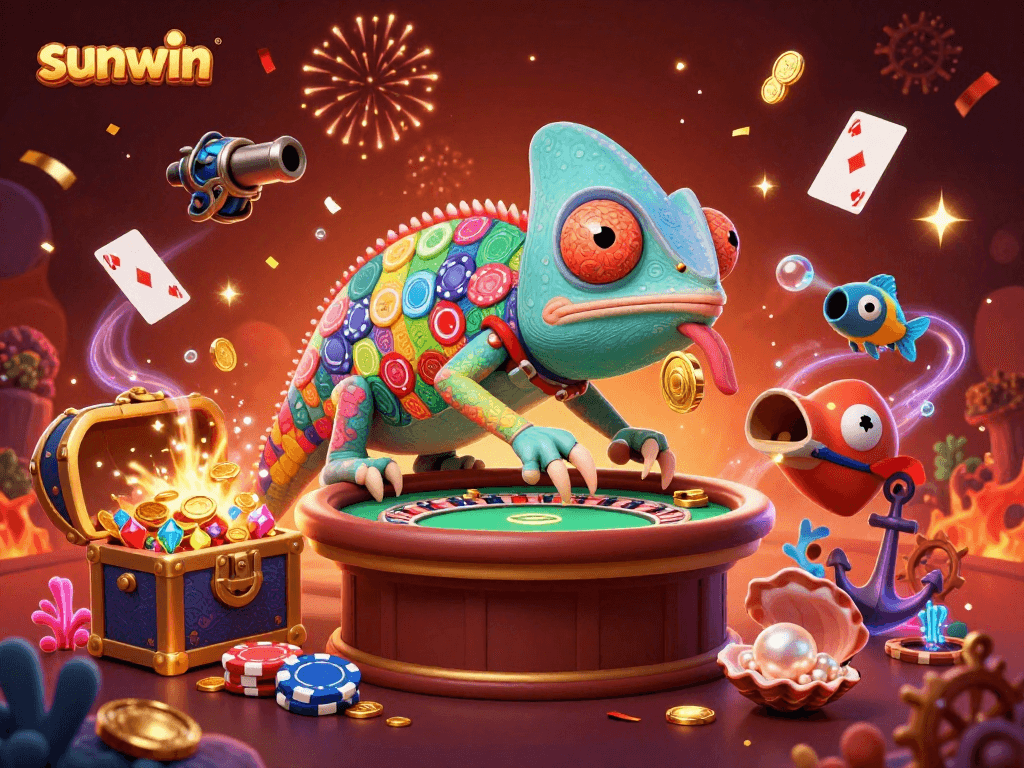 Experience the thrill of sunwin with vibrant 3D casino chameleon and treasures in action.