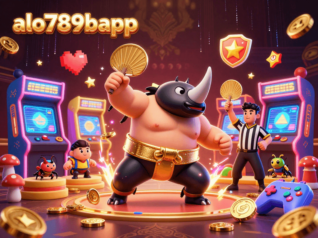 Experience the excitement of alo789bapp with a vibrant casino scene featuring beetle champions and glowing arcade machines.