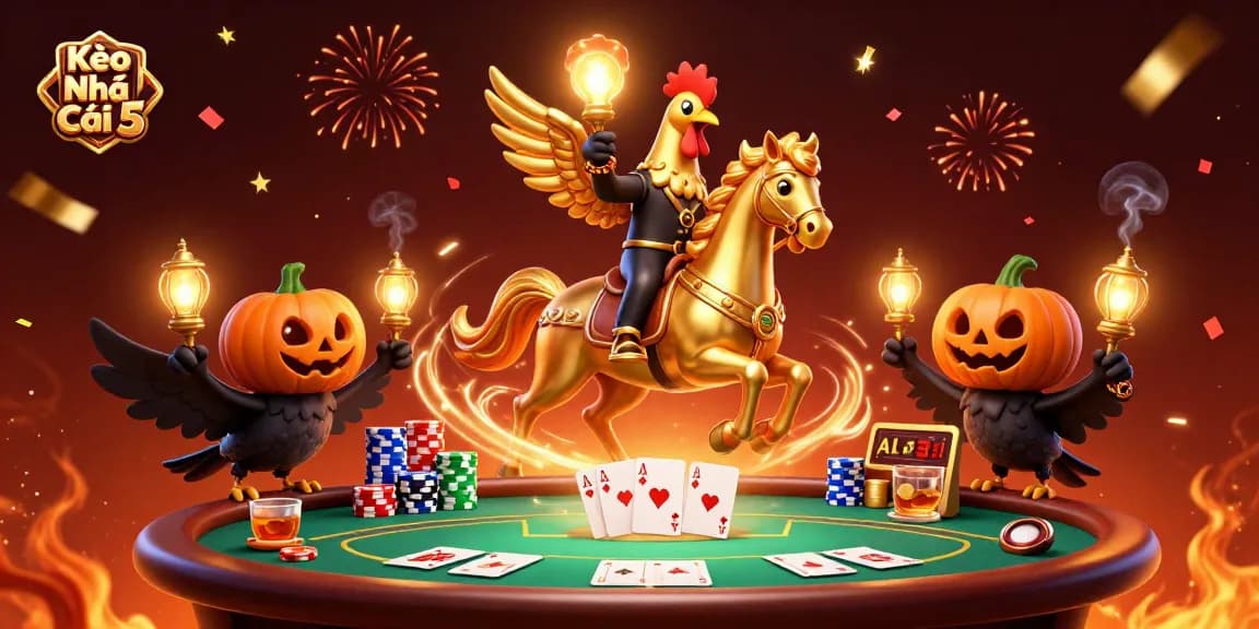 Kèo Nhà Cái 5 brings excitement to the casino world with a golden rooster and spectral horse, vibrant poker elements, and festive confetti.