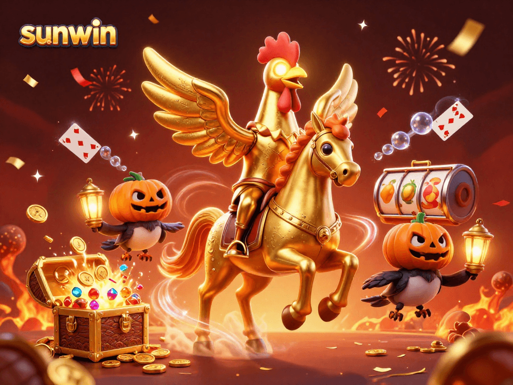 Play thrilling games with sunwin's golden rooster in a vibrant casino scene.