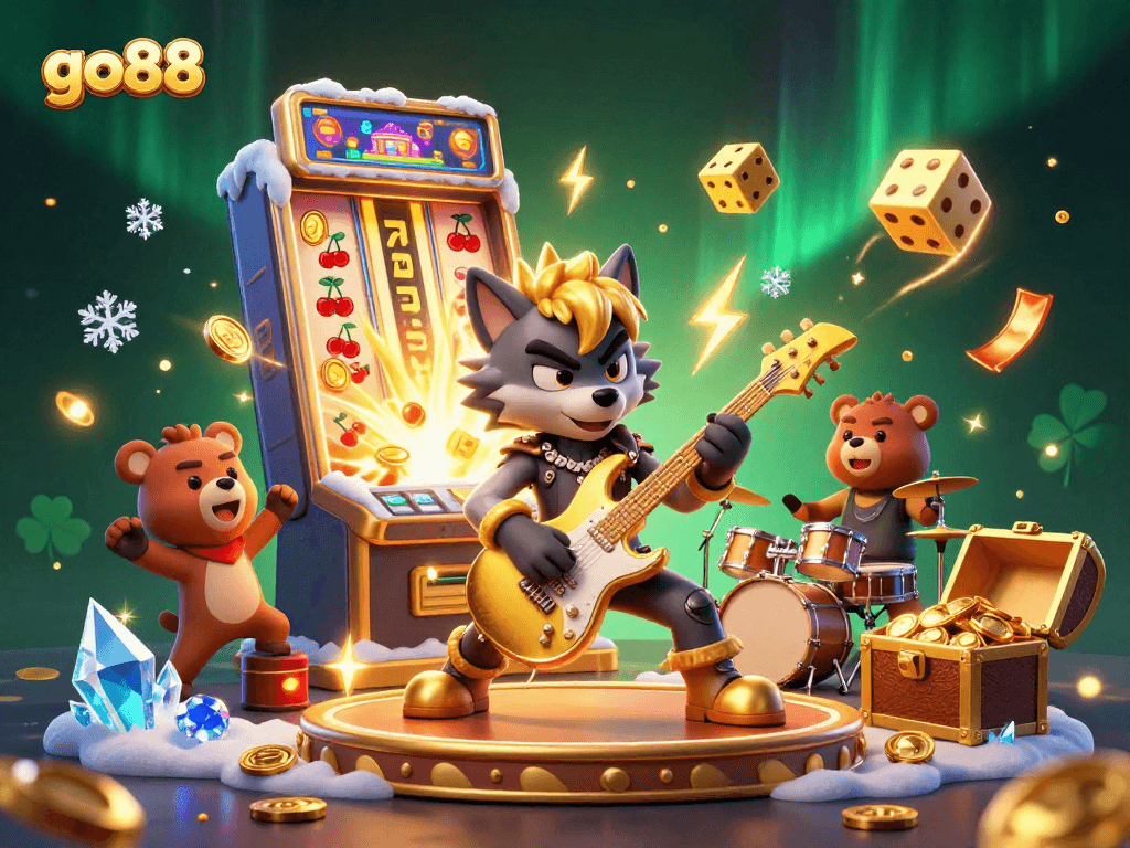 Experience the excitement of go88 with a vibrant 3D casino illustration featuring a rockstar wolf and a drum-playing bear.