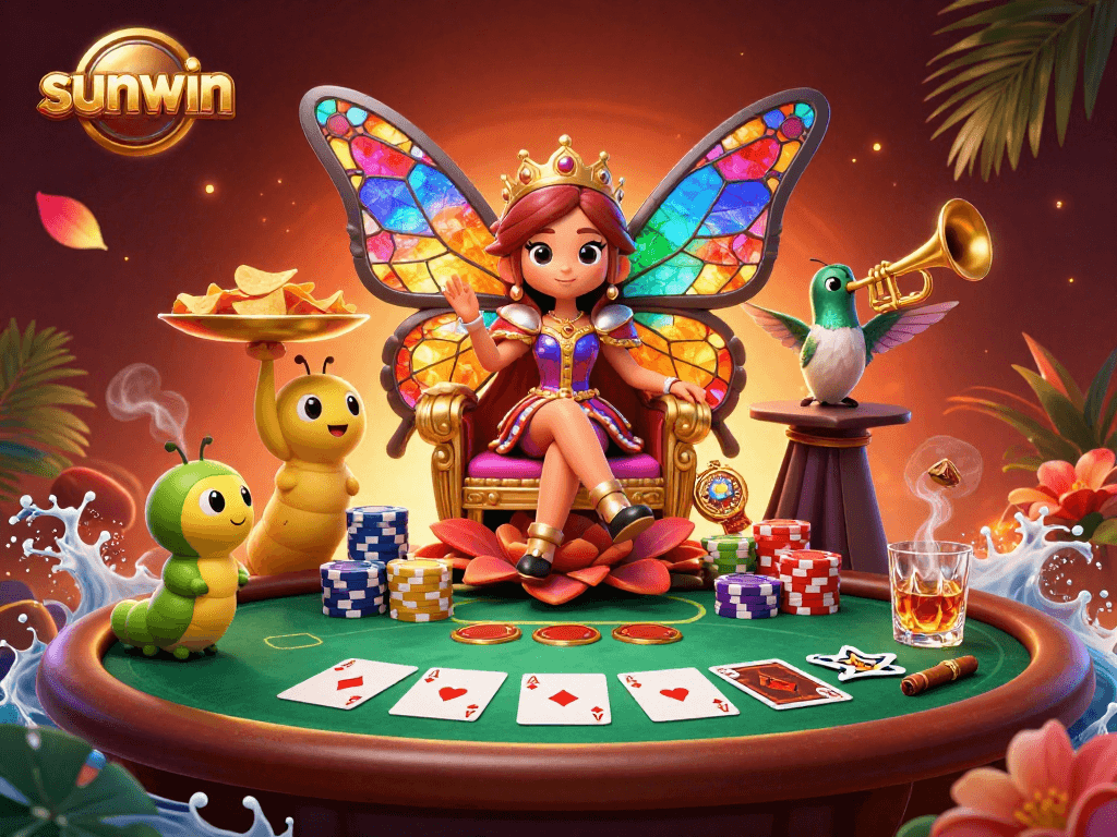 Engage with sunwin’s vibrant casino scene featuring a butterfly queen amidst poker excitement.