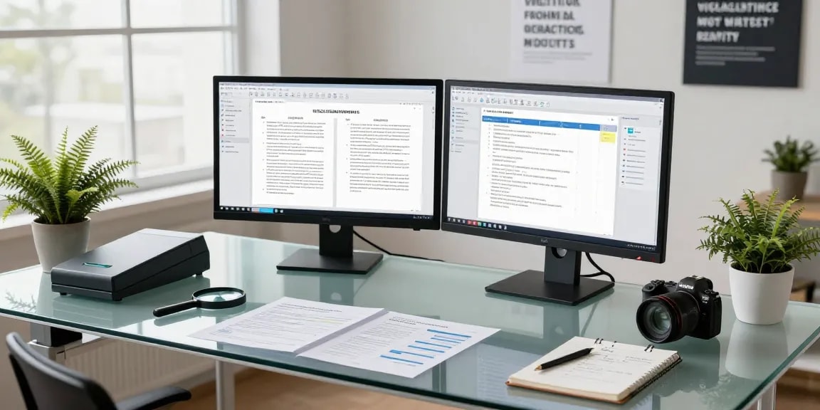 Data analyst engaged in document fraud detection analysis with dual monitors showcasing fraudulent patterns, enhancing security protocols.