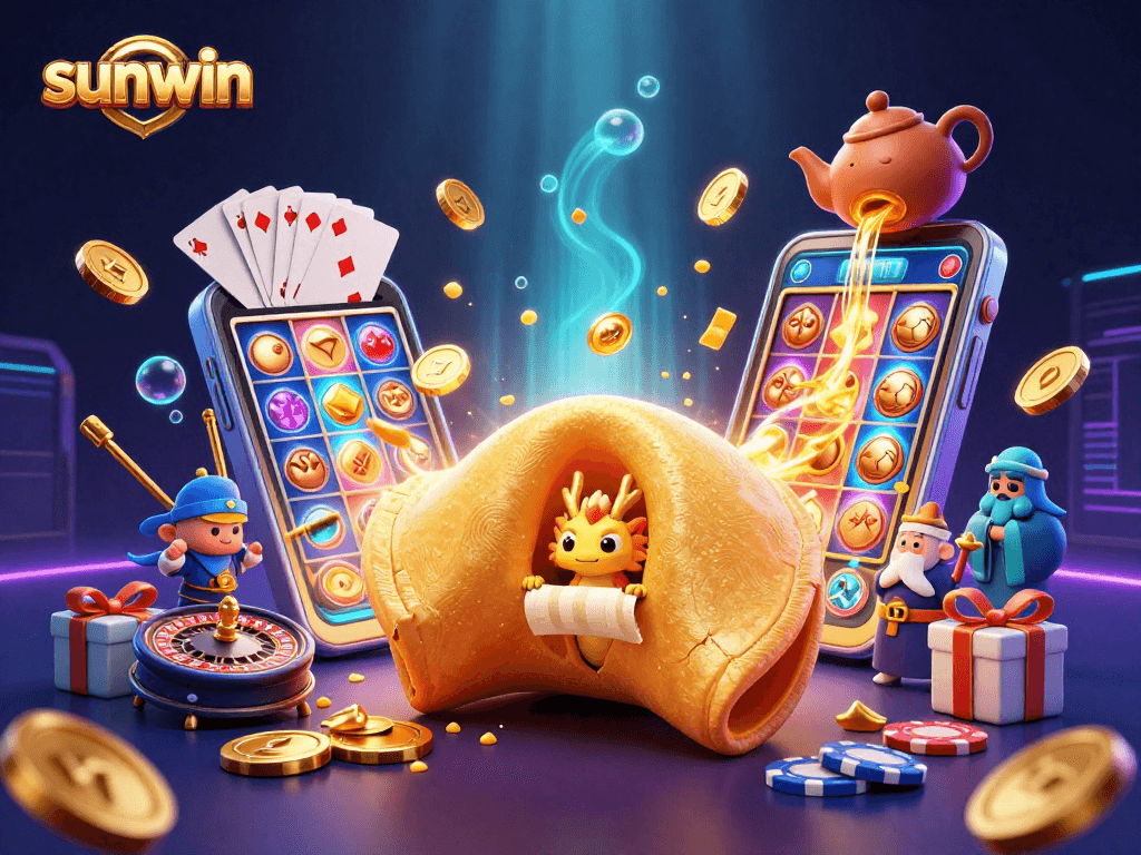 Sunwin's vibrant gaming scene showcases a giant fortune cookie amid lively casino elements, enticing players with luck.