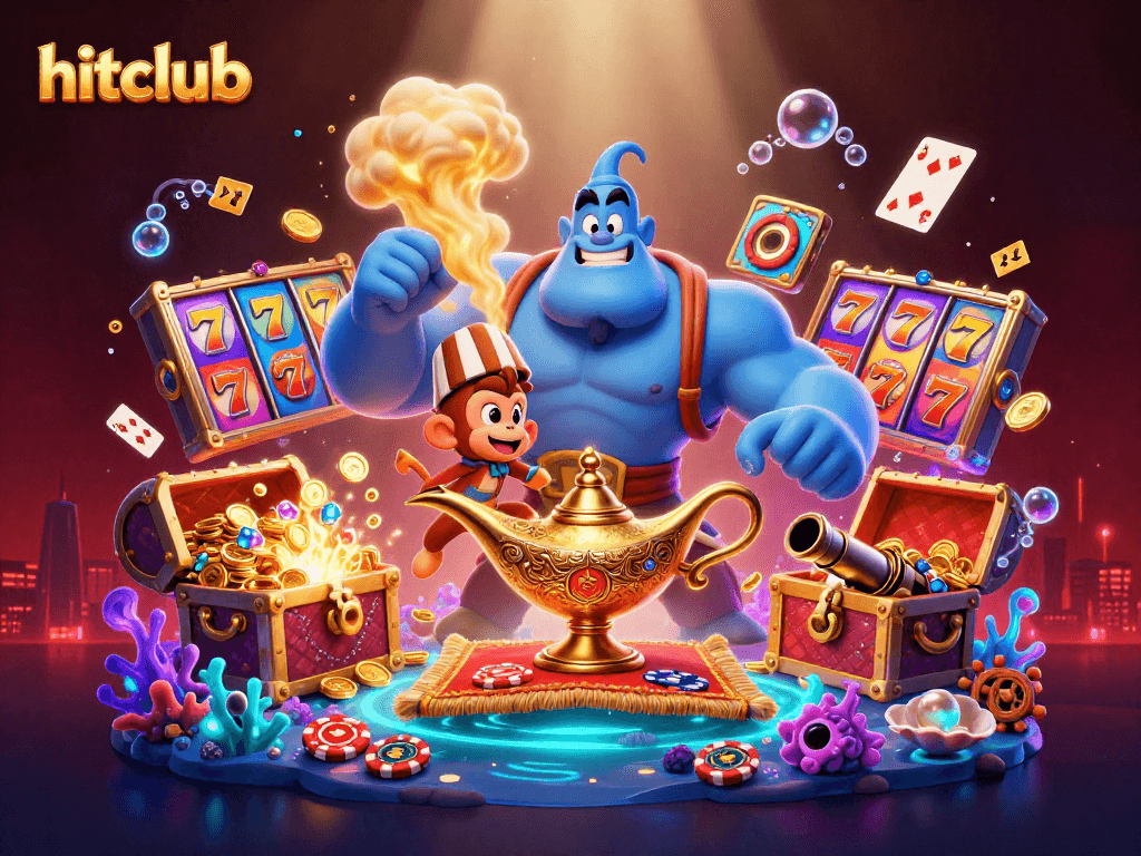 Engage with hitclub's exciting slots on a vibrant cartoon scene featuring a genie and poker chips.