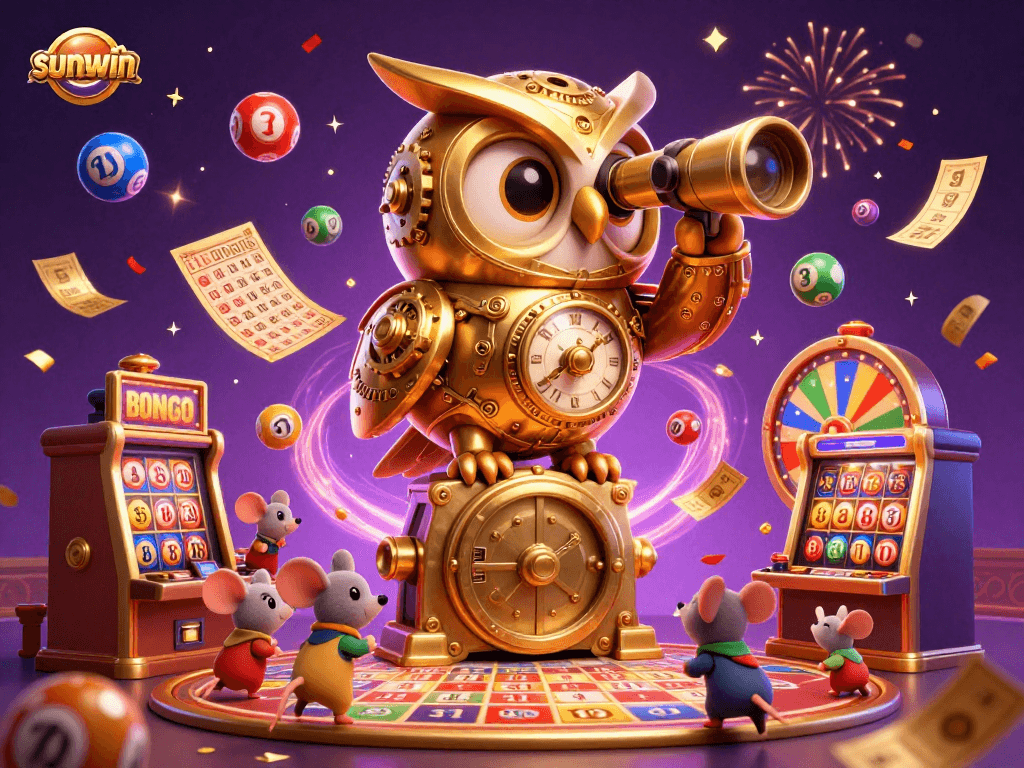Join the fun with sunwin as colorful lottery balls bounce around a vibrant casino scene.