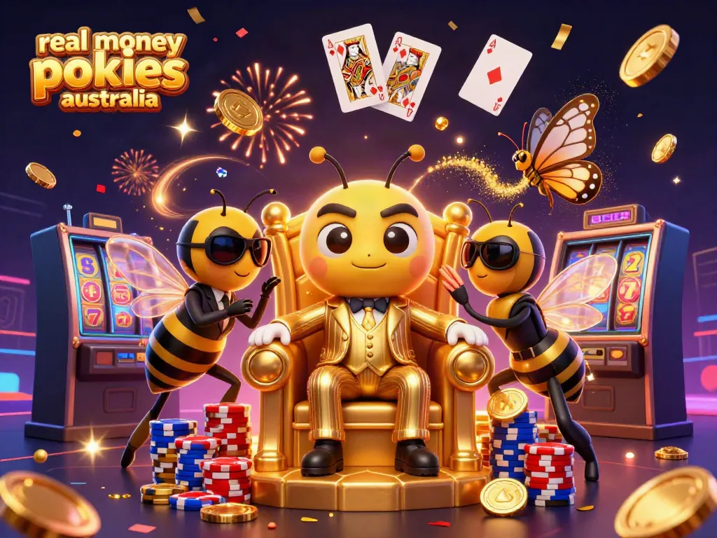 Experience the excitement of real money pokies Australia with animated characters, treasure, and casino elements.