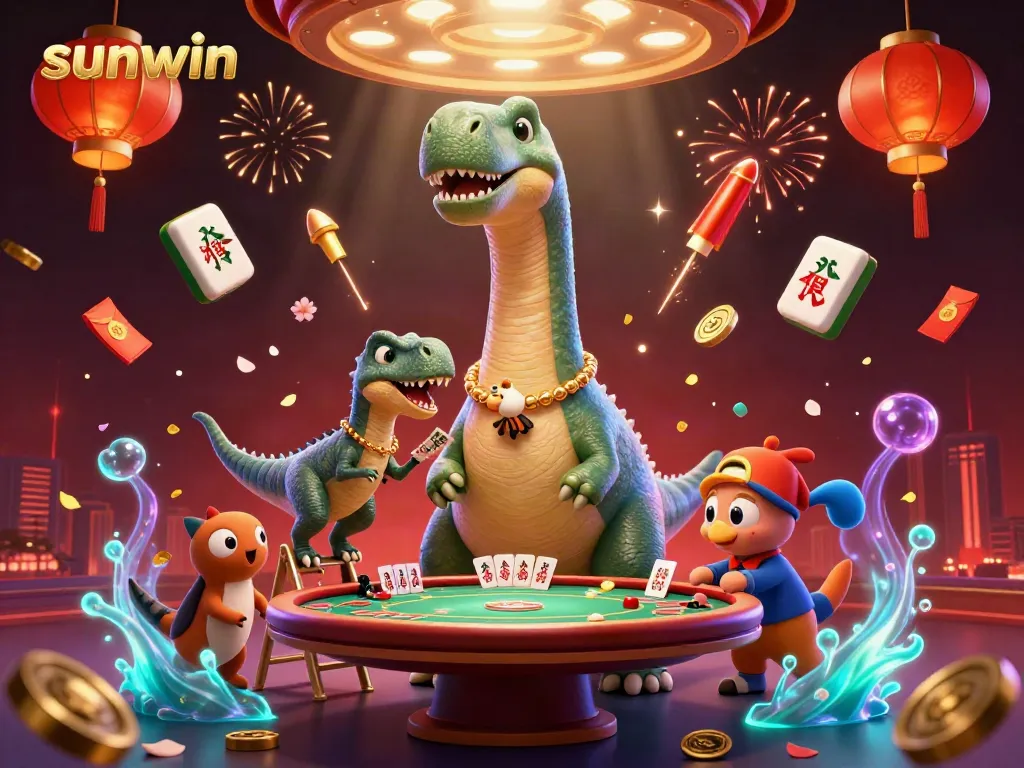 Engage with the sunwin casino scene where a giant dinosaur interacts with a poker game, creating a whimsical atmosphere.