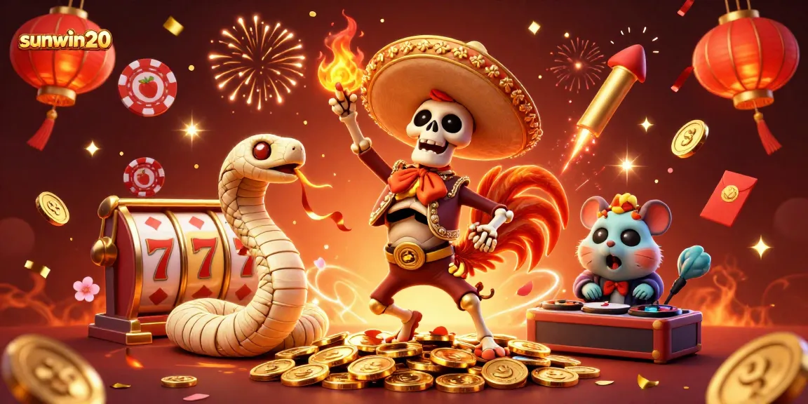 Experience the thrill of sunwin20 with a festive casino scene featuring lively characters and colorful slot elements.