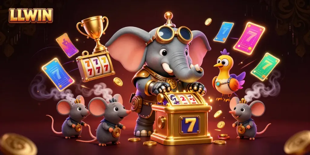 Spin the golden slot machine at LLWIN with a steampunk elephant engineer and dynamic gaming elements.