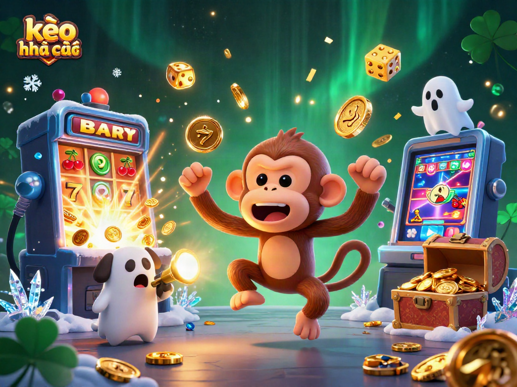 Engage with kèo nhà cái action in a vibrant casino scene featuring a poltergeist monkey and ghost-hunter puppy.