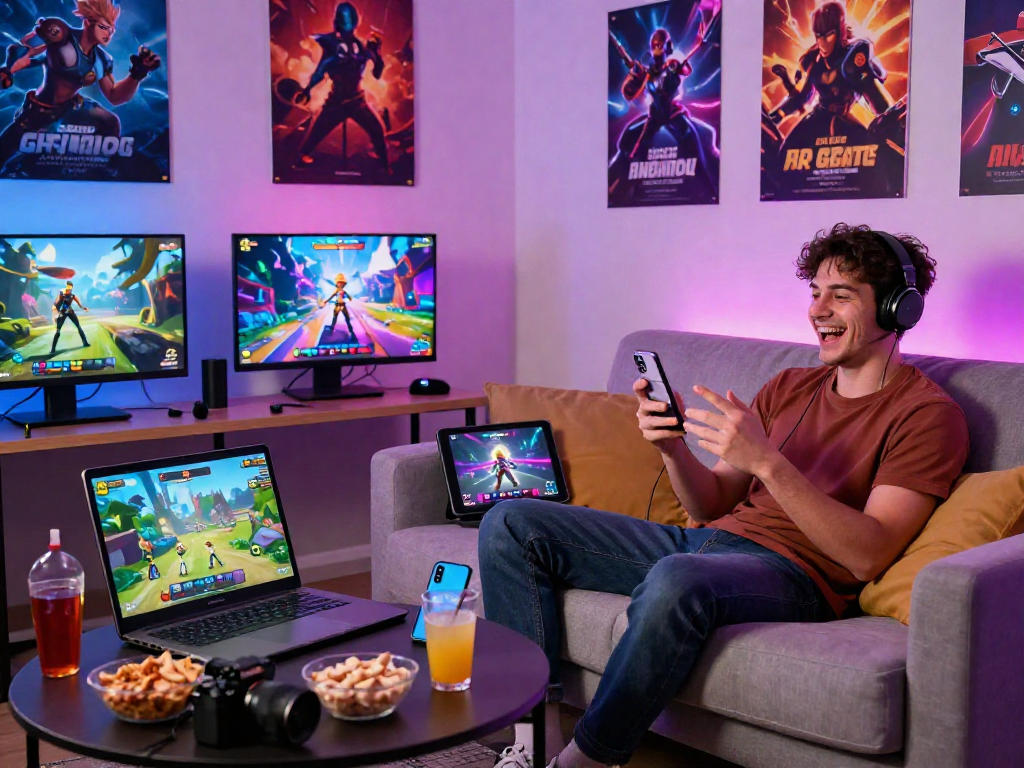 Engaging with online sex games on various devices in a vibrant gaming setup