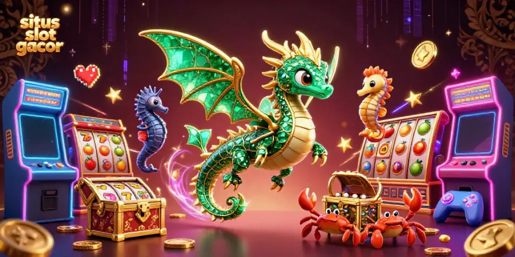 Engage with the vibrant situs slot gacor scene of a sea dragon and royal seahorses amidst slot game elements.