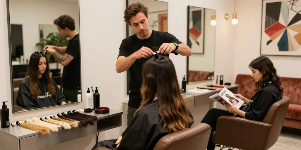 Applying invisible clip in hair extensions human hair in an urban salon setting.