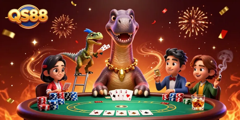 Engage in dynamic poker gameplay with QS88 featuring a giant dinosaur dealer and vibrant casino elements.