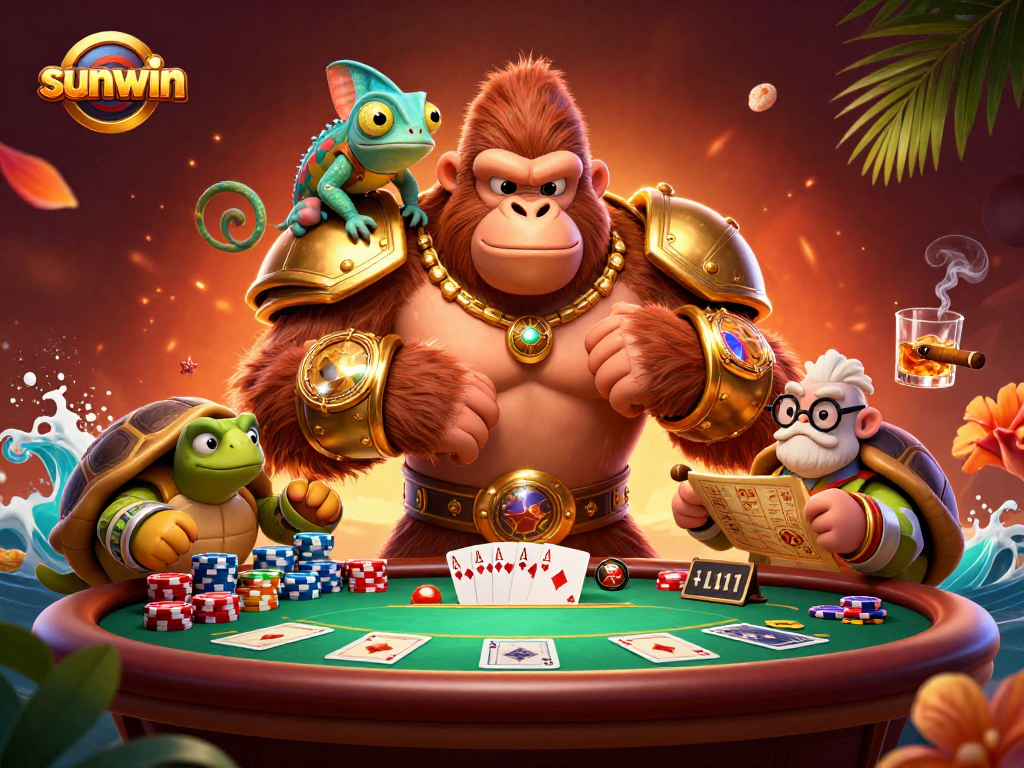 Experience thrilling poker action with sunwin's vibrant characters and game elements illustrated in 3D.