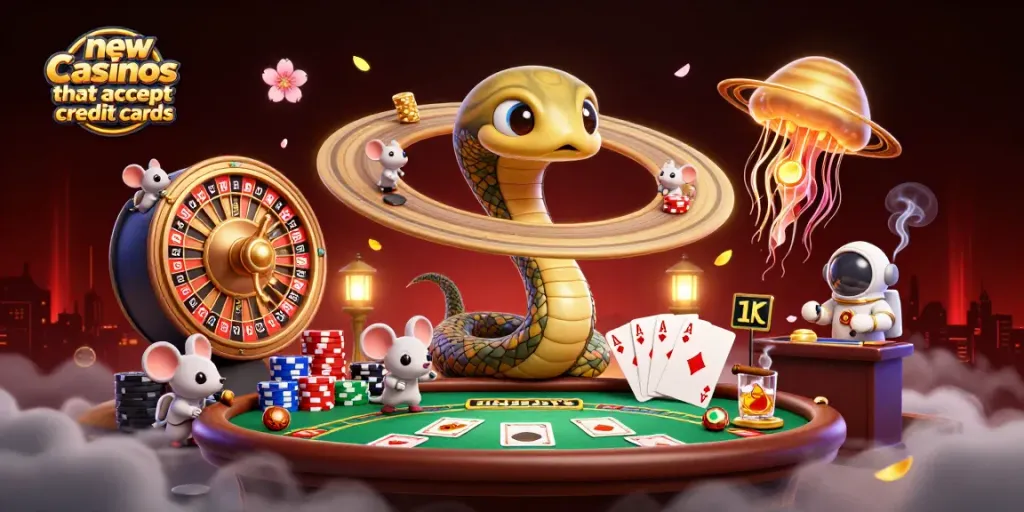 Engaging scene of a cosmic casino featuring new casinos that accept credit cards with dynamic gambling action.