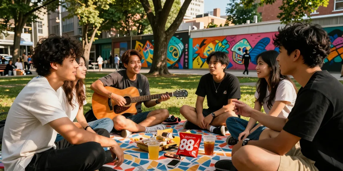 Friends discussing rokok88 alternatif during a lively outdoor gathering in a vibrant city park.