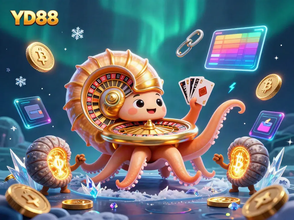 YD88 showcases players winning with a vibrant nautilus as a roulette wheel, surrounded by glowing crypto coins.