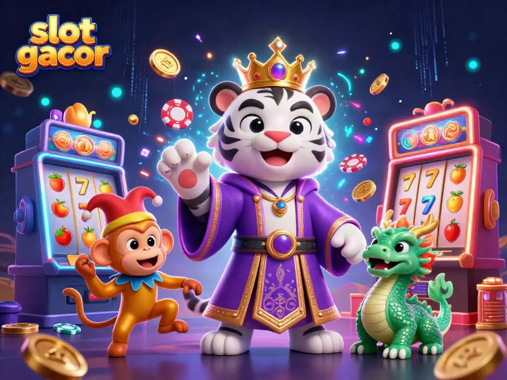 Play the most exciting slot gacor with vibrant characters and neon elements in a thrilling casino scene.