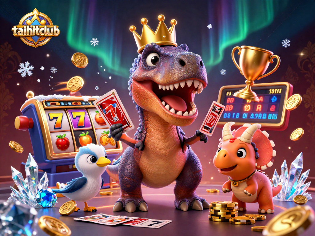 Experience thrilling wins at taihitclub with a T-Rex shuffling cards while fun casino elements surround it.