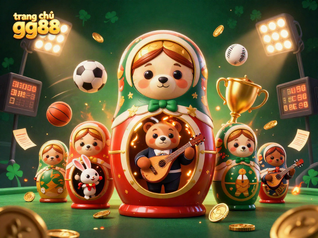 Experience the excitement at trang chủ gg88 with this dynamic casino-themed illustration featuring Matryoshka bears and sports elements.