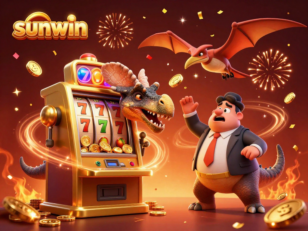 Experience fun at sunwin as a pachycephalosaurus wins a jackpot with flying coins in a vibrant casino scene.