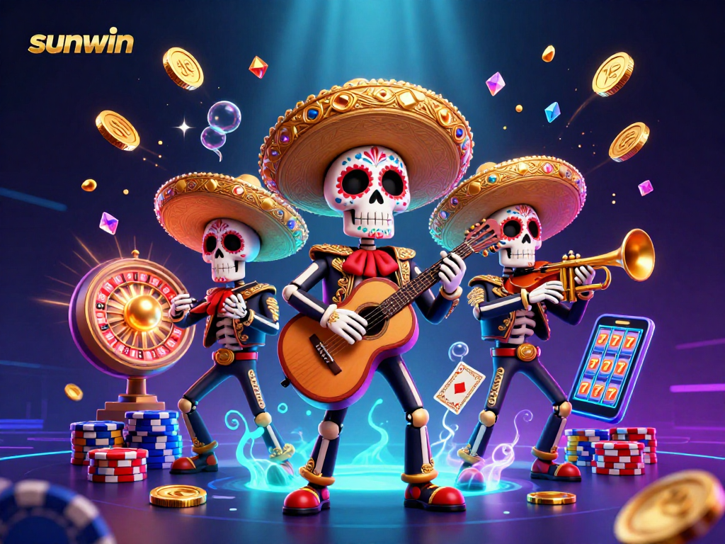 Engage with sunwin’s thrilling casino scene showcasing vibrant Day of the Dead mariachi skeletons in a festive gambling atmosphere.