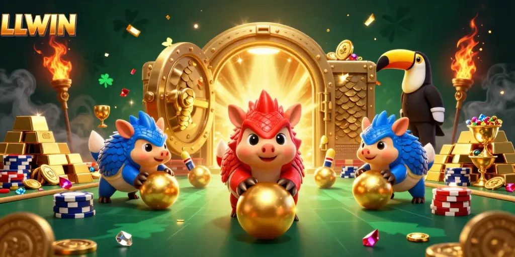 LLWIN showcases rival pangolins in a dazzling casino brawl, surrounded by poker chips and gold.