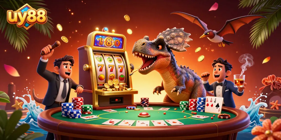 Experience excitement with uy88 as a pachycephalosaurus wins the jackpot at a vibrant casino scene.