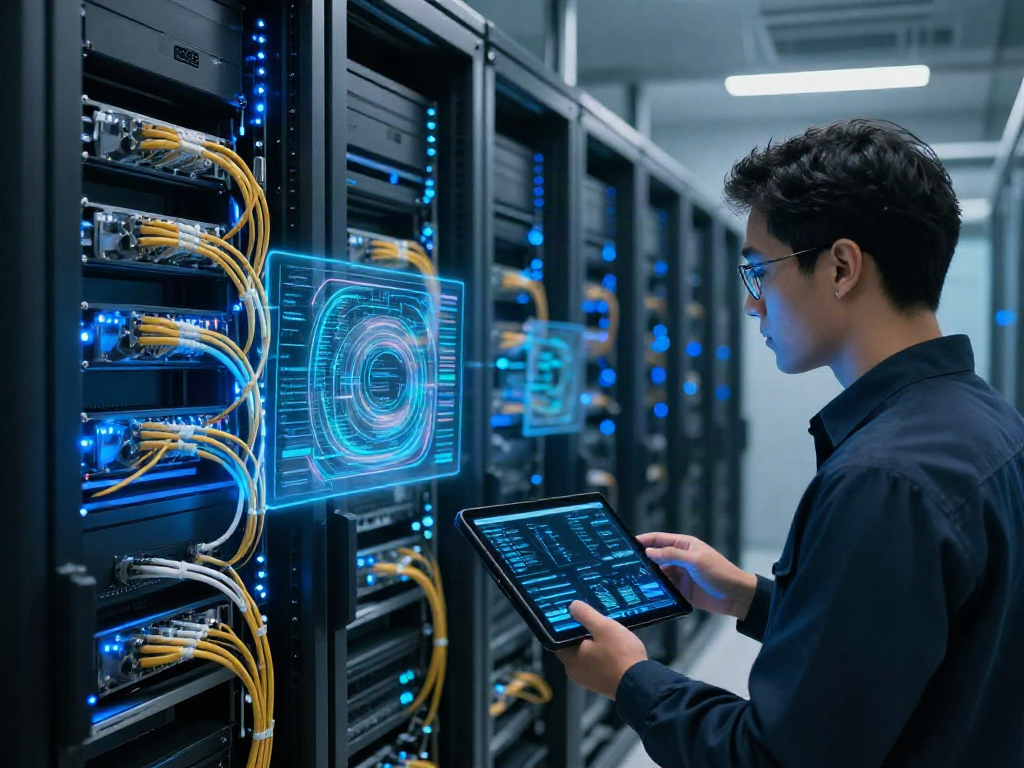 "VAPT service in modern data center with illuminated servers and holographic data visualizations."