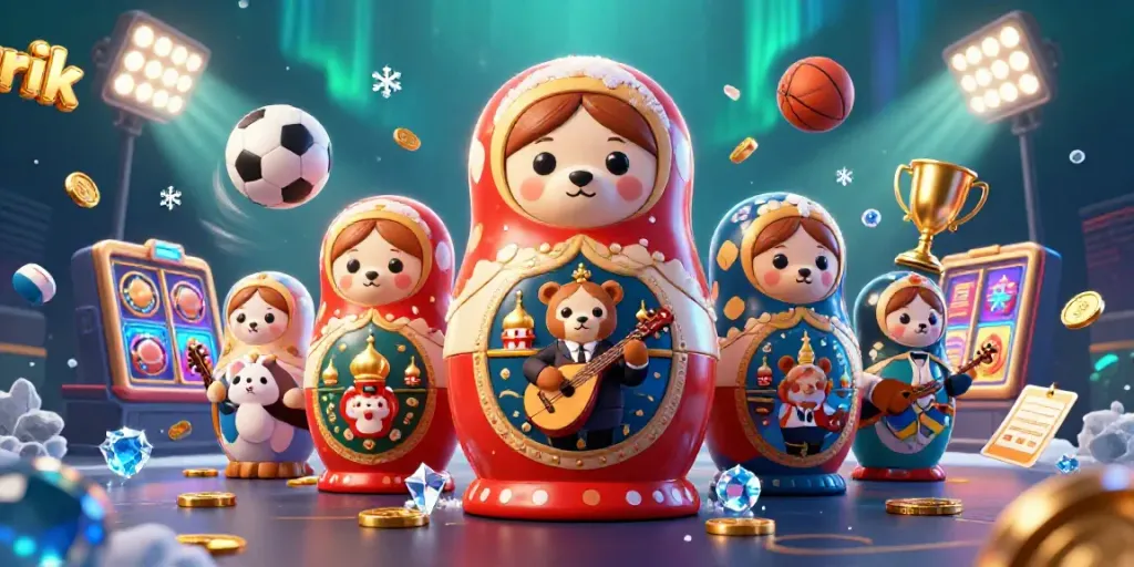 Experience the rich atmosphere of Rik's online casino featuring adorable Matryoshka bears and vibrant gaming elements.