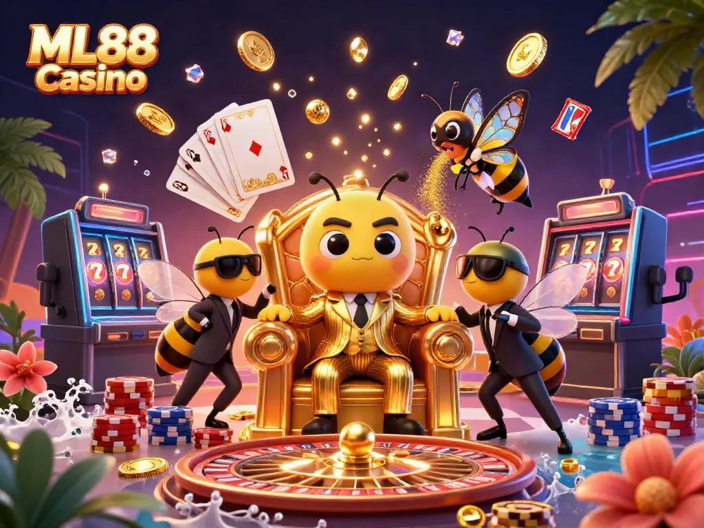 Experience the thrill of ML88 Casino with a vibrant 3D illustration featuring dynamic elements like roulette and golden coins.