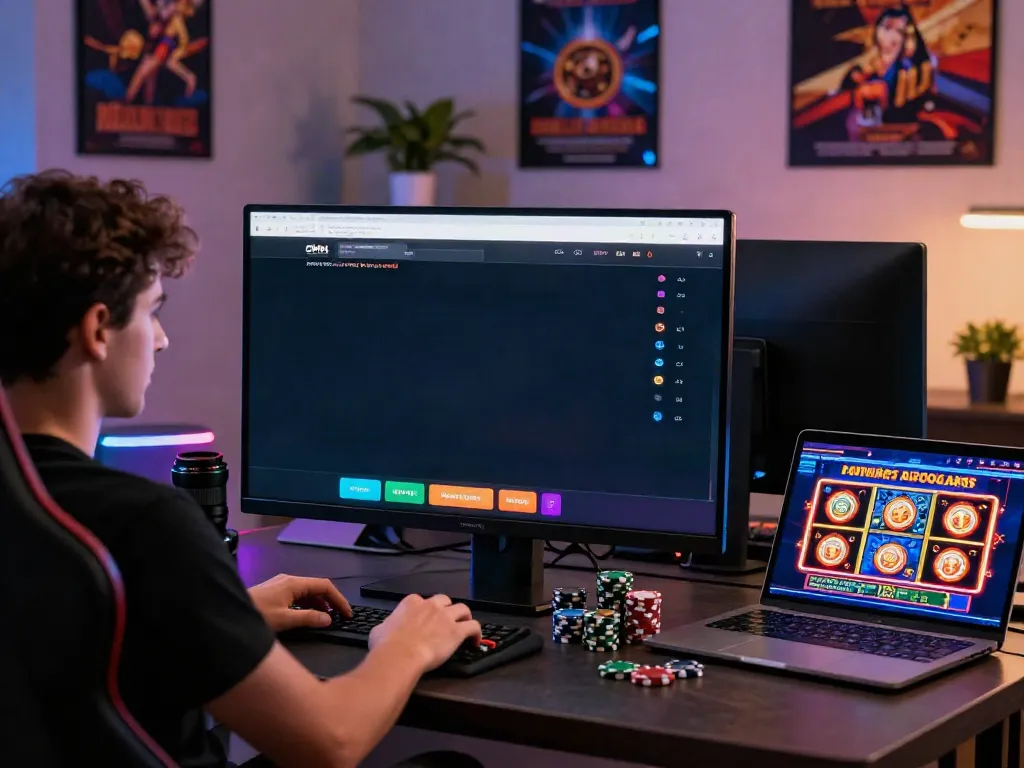 Experience the thrill of online credit card casinos with an engaging gaming setup featuring vibrant slots and exciting bonuses.