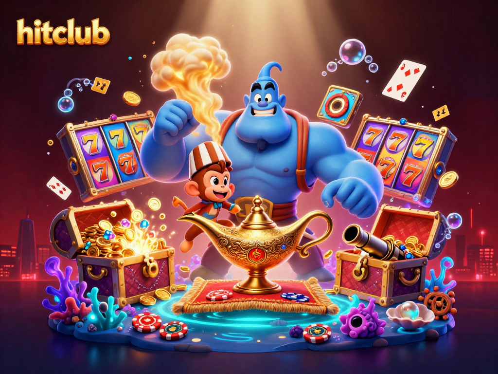 Engage with hitclub's exciting slots on a vibrant cartoon scene featuring a genie and poker chips.