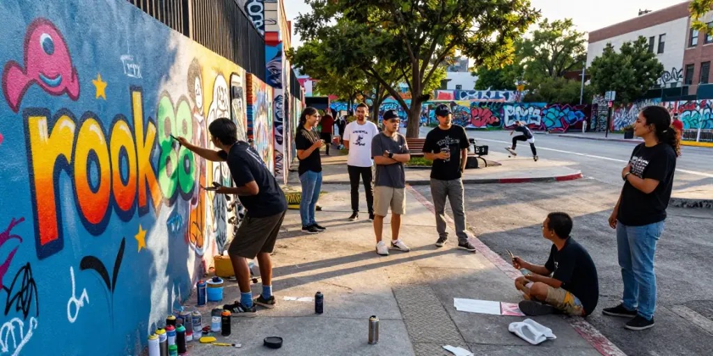 Dynamic urban art scene featuring artist and onlookers inspired by rokok88 mural.