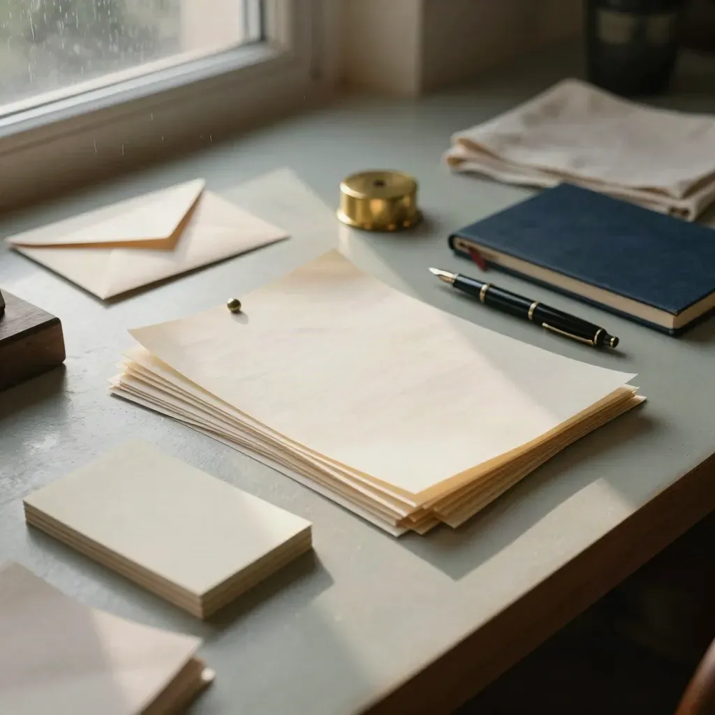 Writer’s editing still life with draft packets, note cards, pen, notebook spine and brass paperweight at dawn.