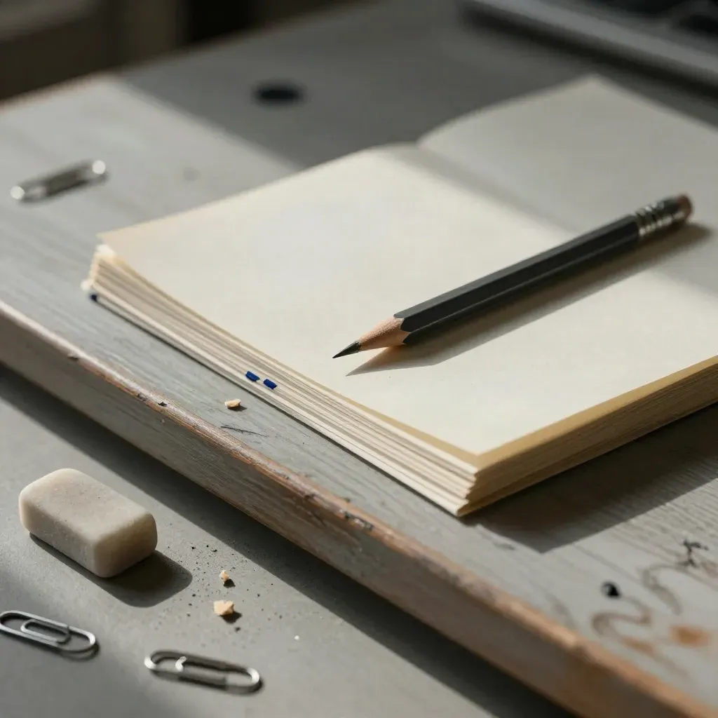 Copyediting desk with pencil, eraser crumbs, paper clips and face-down pages in cold clear light.