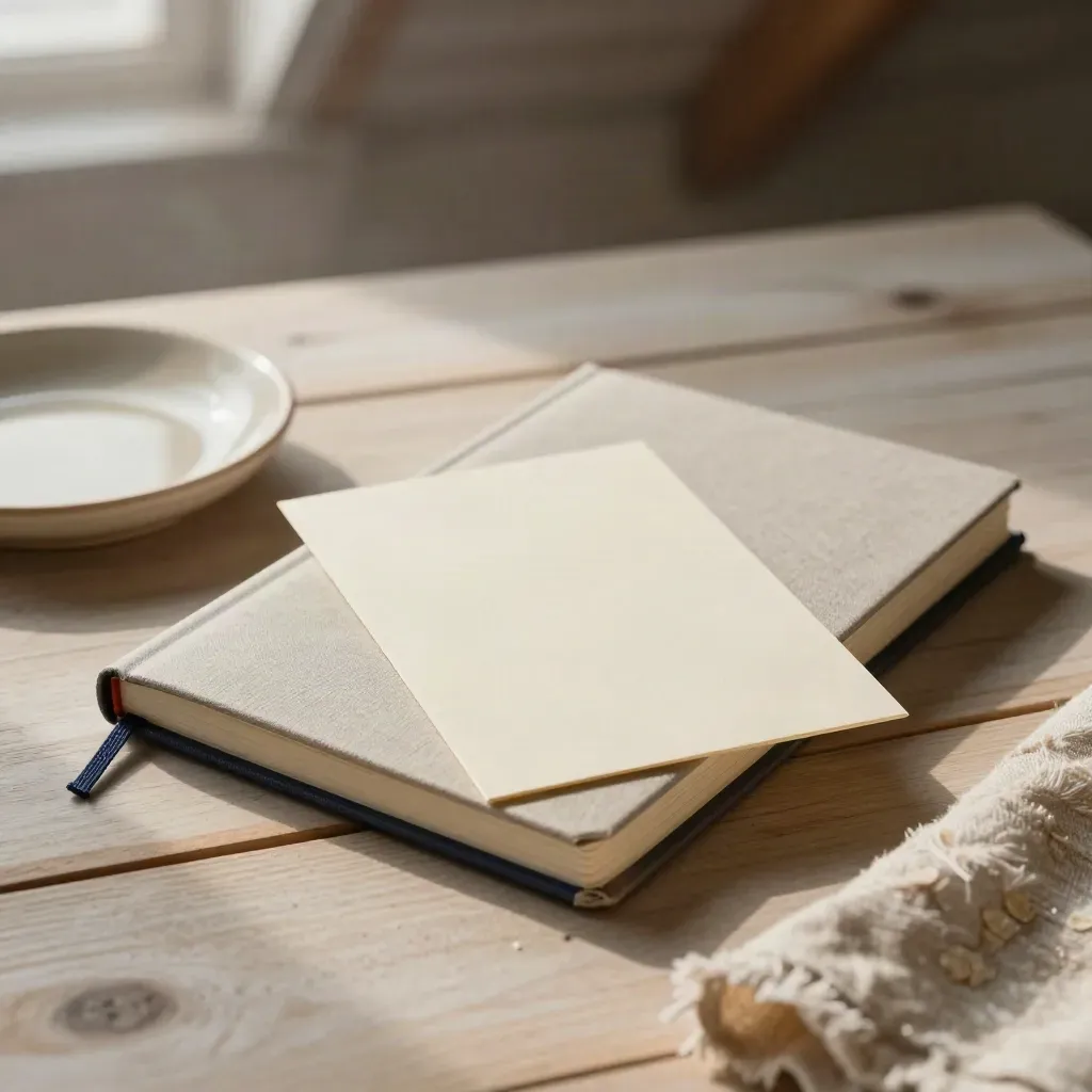 Blank prompt cards slip from a stack on an attic table in pale fog at dawn.