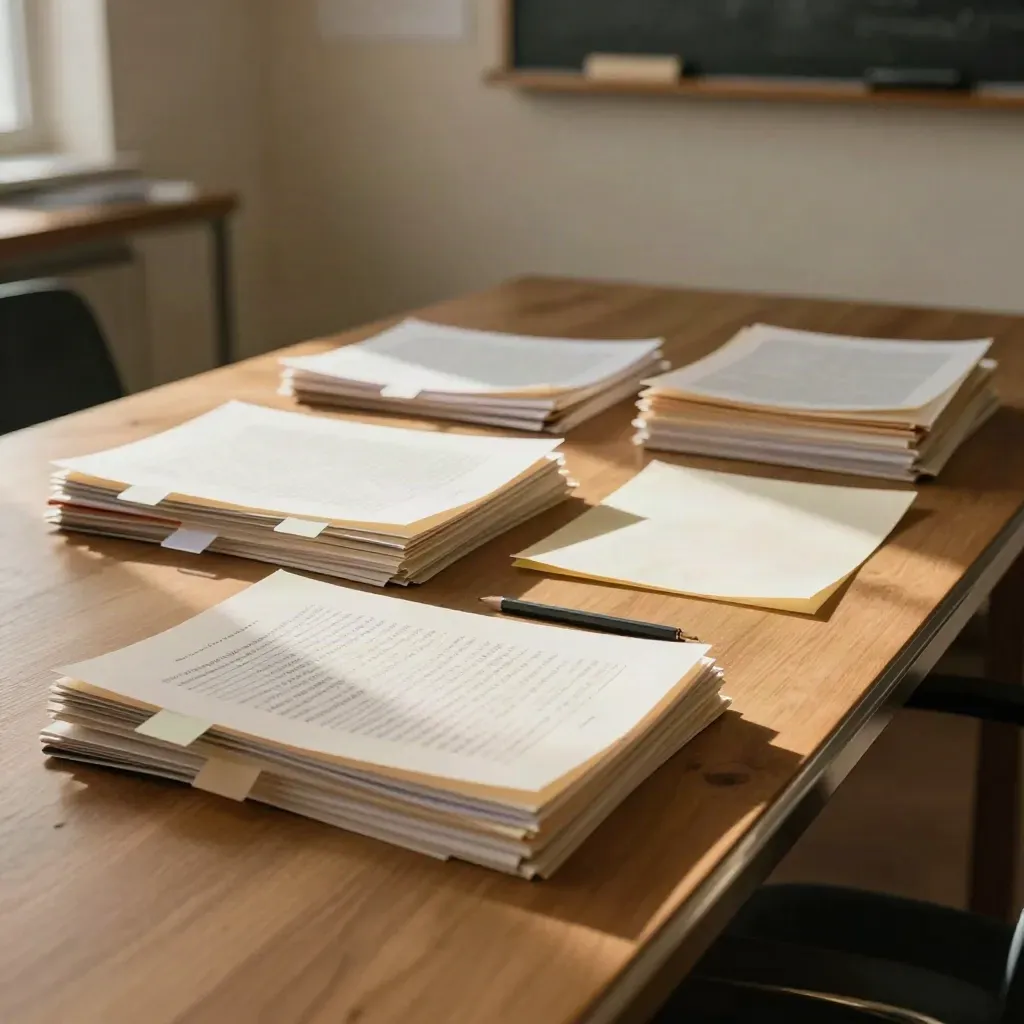 Three edited page piles with tabs and a pencil on a dim editorial desk.
