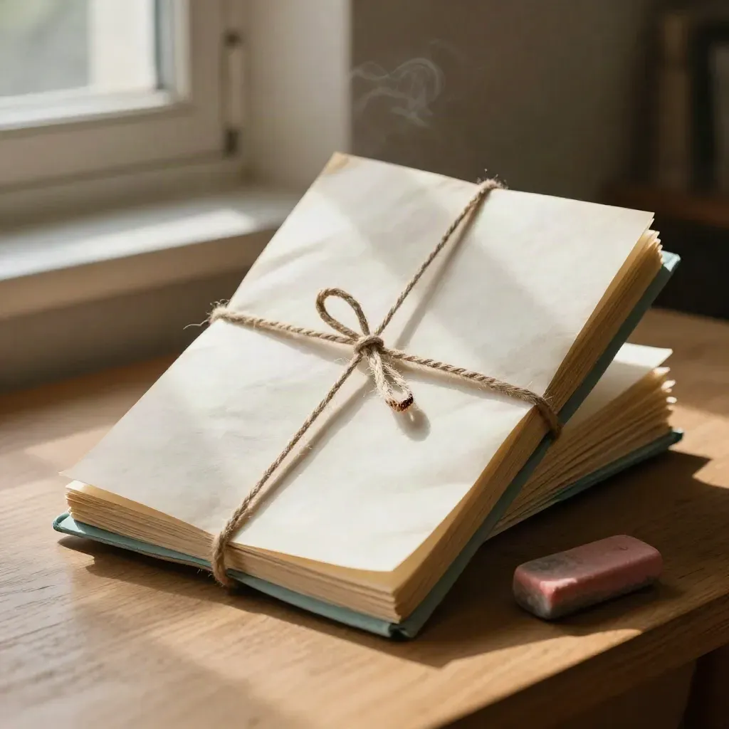 Twine-tied manuscript pages with teal tabs, eraser, and coffee ring on pale oak in warm window light.