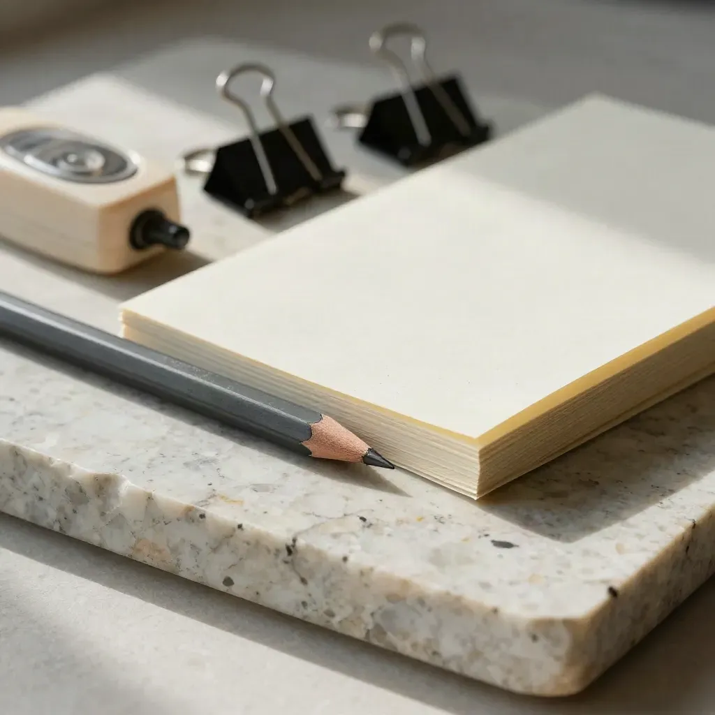 Overhead flat lay of edit tools on pale stone in warm late light