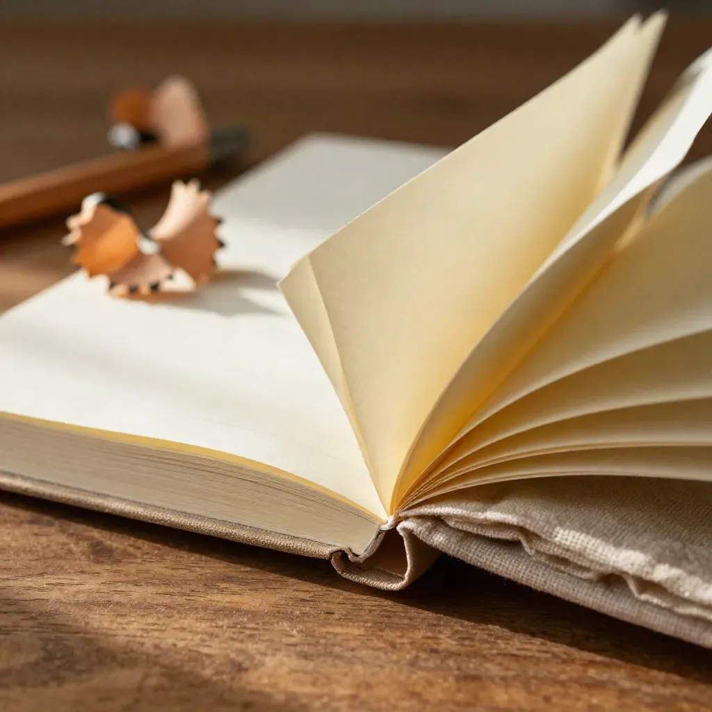 Macro of a half-open notebook, fanned cards, pencil shavings and folded cloth on a walnut desk.