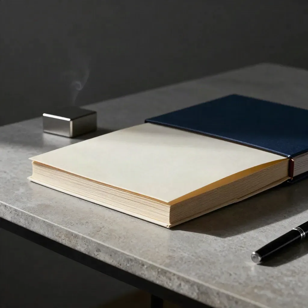Final manuscript packet beside navy folder, paperweight and pen cap on stone surface.