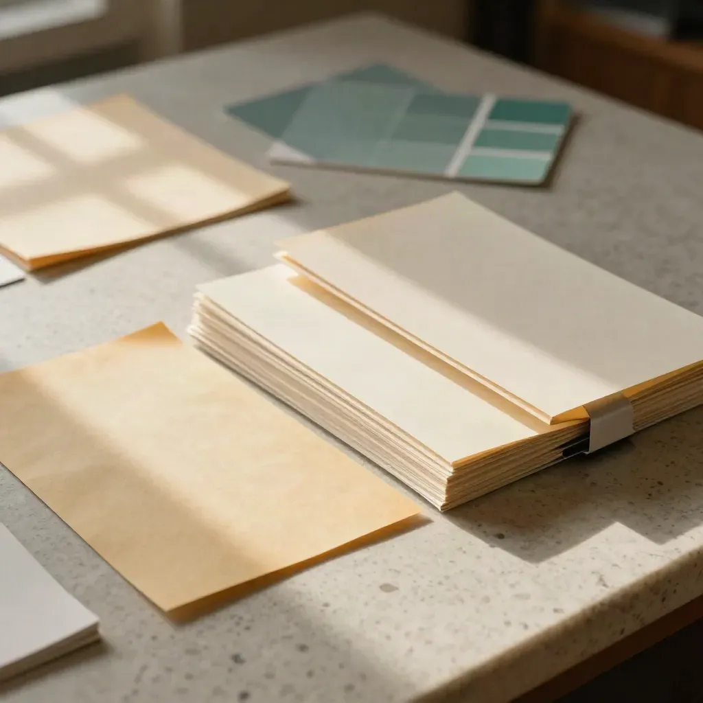 Three staged paper packets show a publishing workflow from rough notes to final proof.