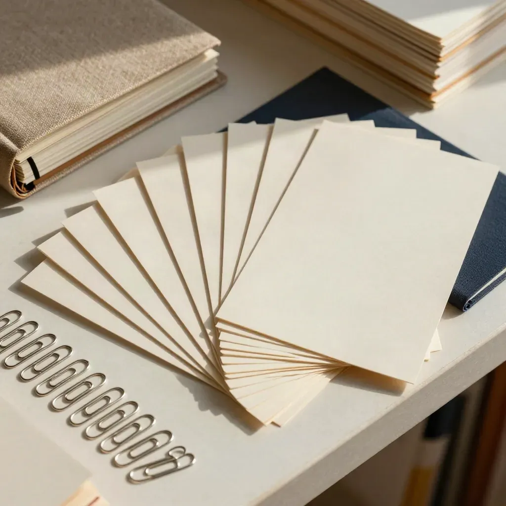 Diagonal grid of template cards, notebook, and paper clips on a pale archive shelf.