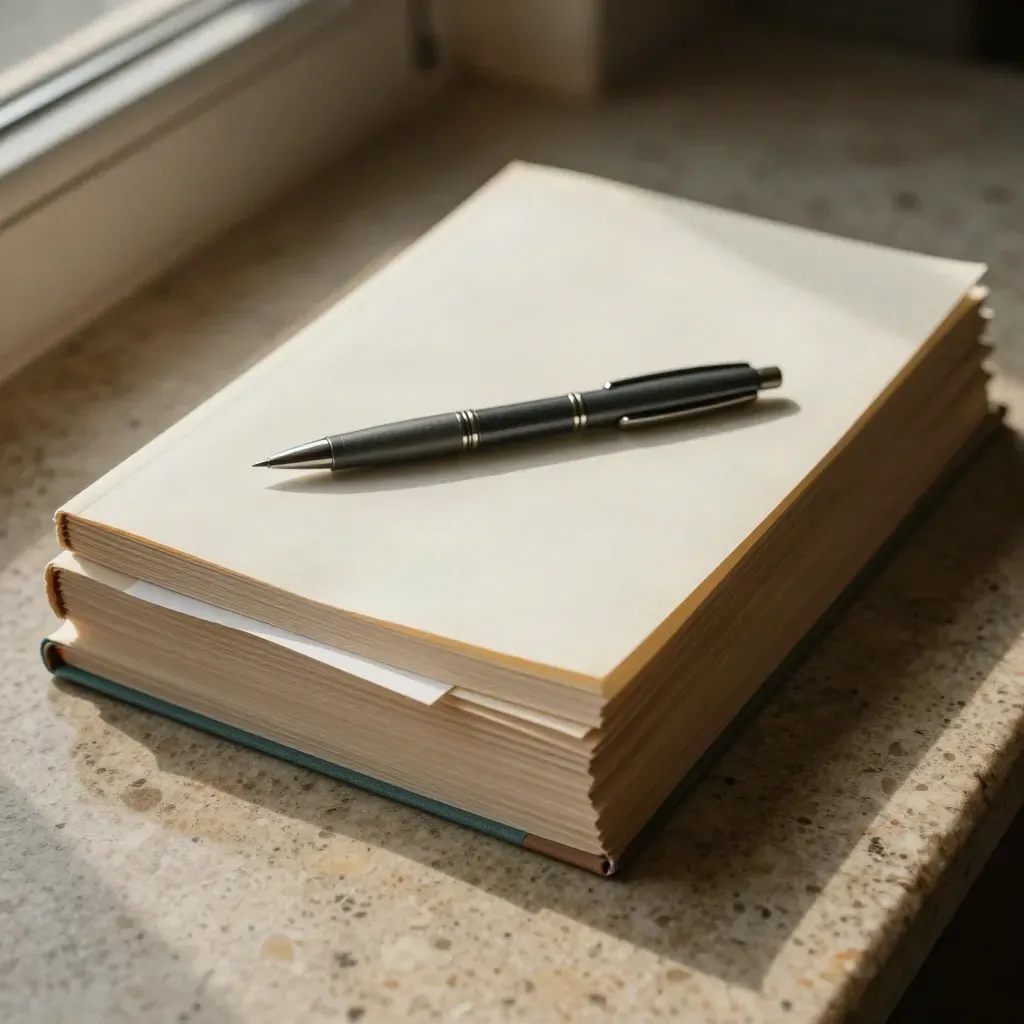 Overhead final-read packet with tabbed pages, closed pen, and folded note card on travertine.