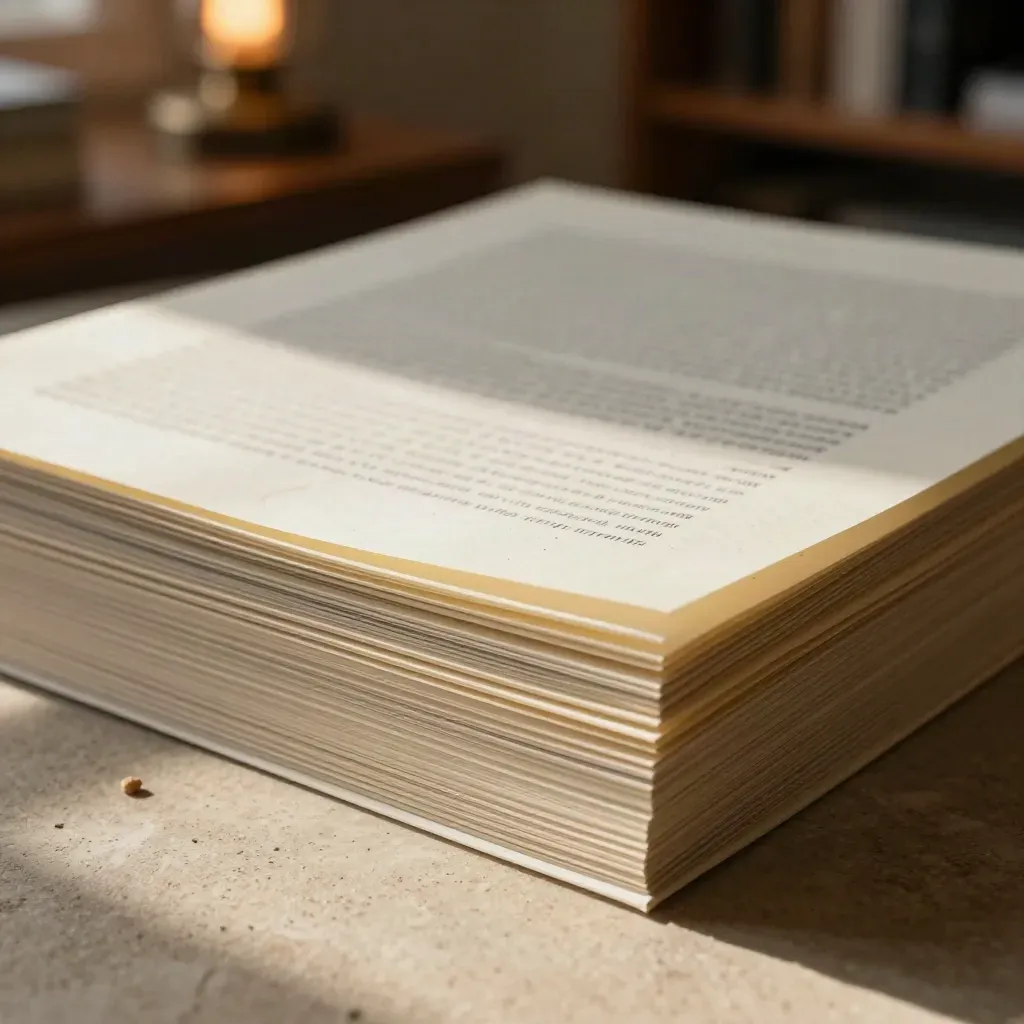 Macro of trimmed manuscript pages with pencil margin marks, eraser crumbs, and clipped corners