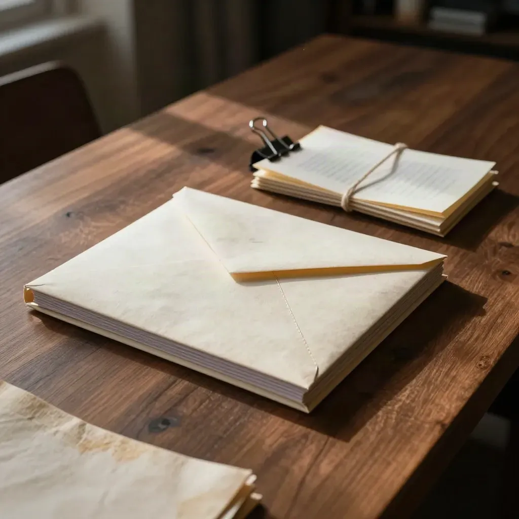 Client draft kit on a walnut table with envelope, revision stack, and folded notes in dramatic light